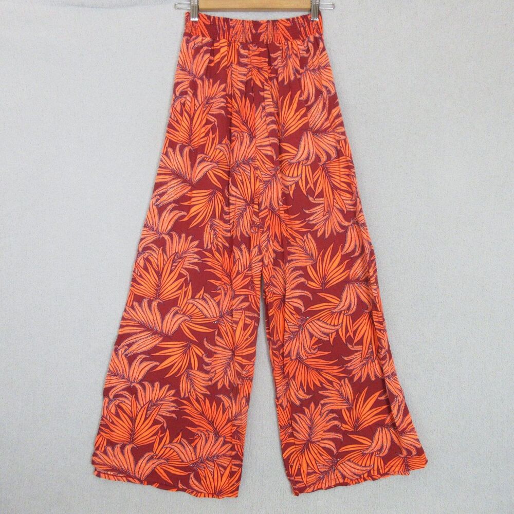 Maaji Wide Leg Pants Womens M Wide Elastic Waist Tropical Leaf Orange Maroon - Picture 2 of 10